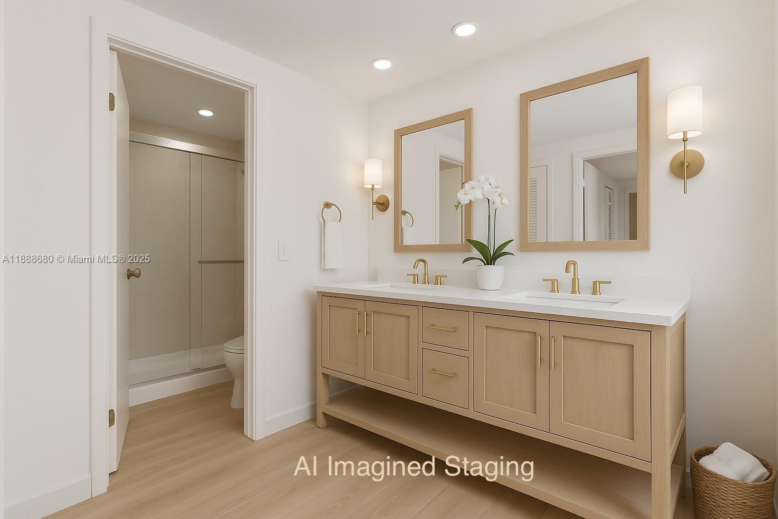 8277 Southwest 128th Street, Unit 108 Pinecrest, FL 33156 - Photo 13 of 34 a bathroom with a double vanity sink and mirror