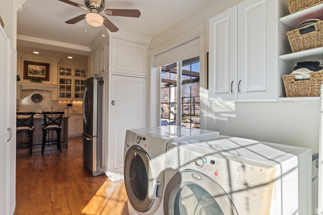 390 North 100 West Monroe, UT 84754 - Photo 116 of 167 Laundry area featuring dark wood-style flooring, recessed lighting, washer and clothes dryer, cabinet space, and ceiling fan