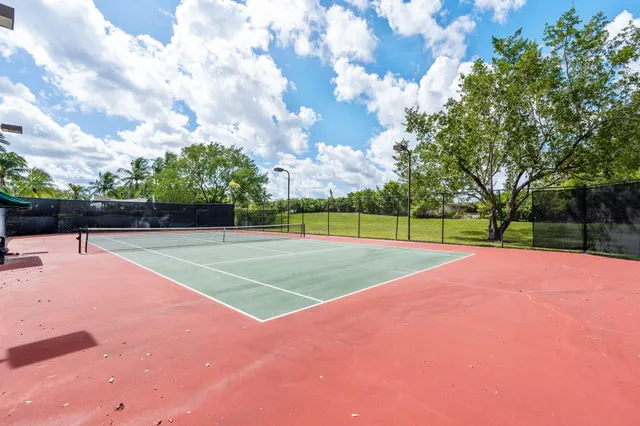 a view of a swimming pool with a lawn chairs and palm trees