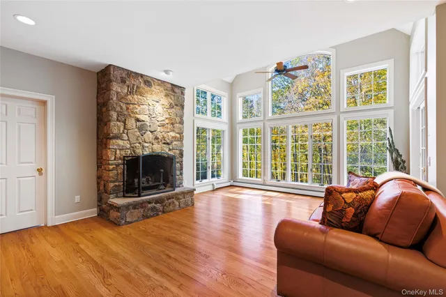 a living room with fireplace furniture and a flat screen tv