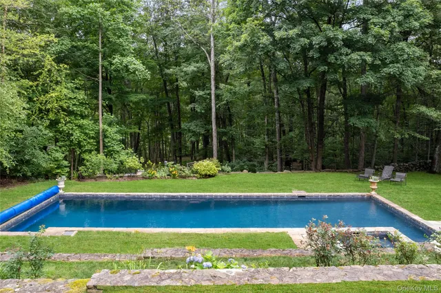 a view of a swimming pool with a table and chairs