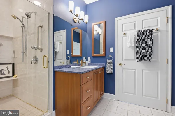 a bathroom with a double vanity sink a mirror and a shower