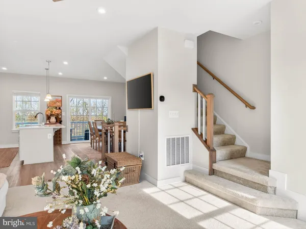 a living room with furniture potted plants and a dining table