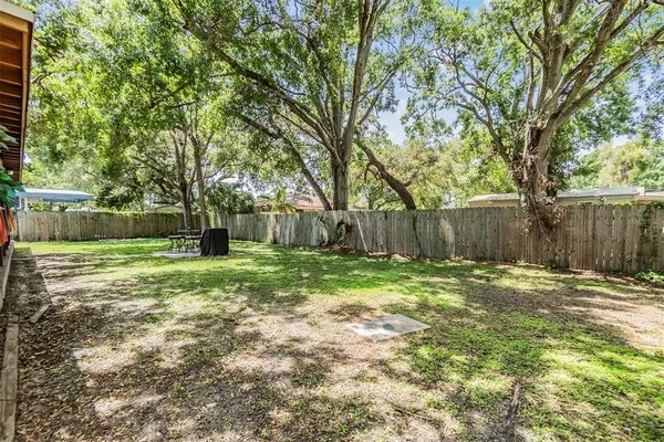 a view of a backyard with table and chairs potted plants and a large tree