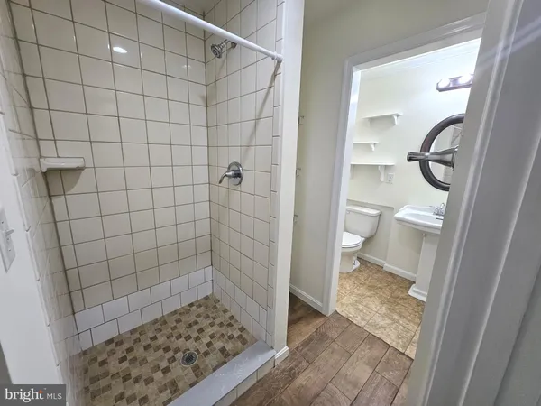 a bathroom with a toilet and a shower