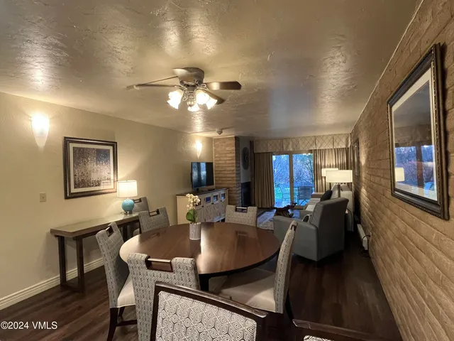 a view of a dining room with furniture