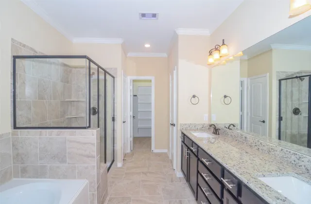 a bathroom with a granite countertop sink a mirror and a shower