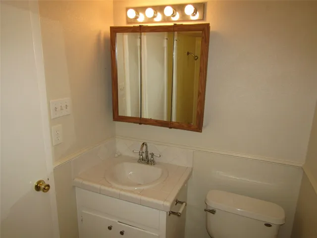 a bathroom with a sink a toilet and mirror