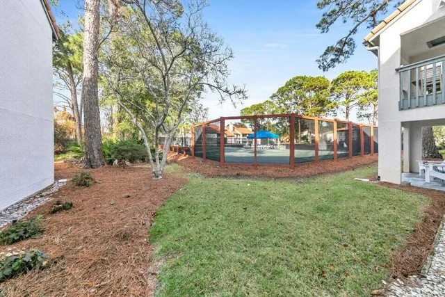 a view of a park with large trees