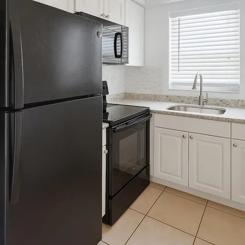a kitchen with a sink and a refrigerator
