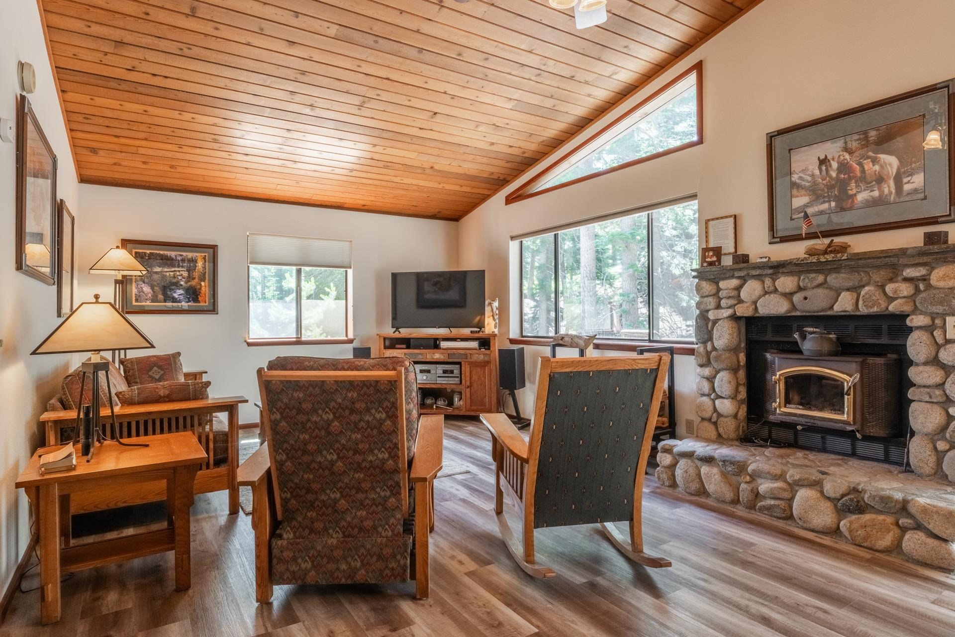 2281 Old Mammoth Road Mammoth Lakes, CA 93546 - Photo 19 of 27 Living area featuring wooden ceiling, a fireplace, wood finished floors, and high vaulted ceiling