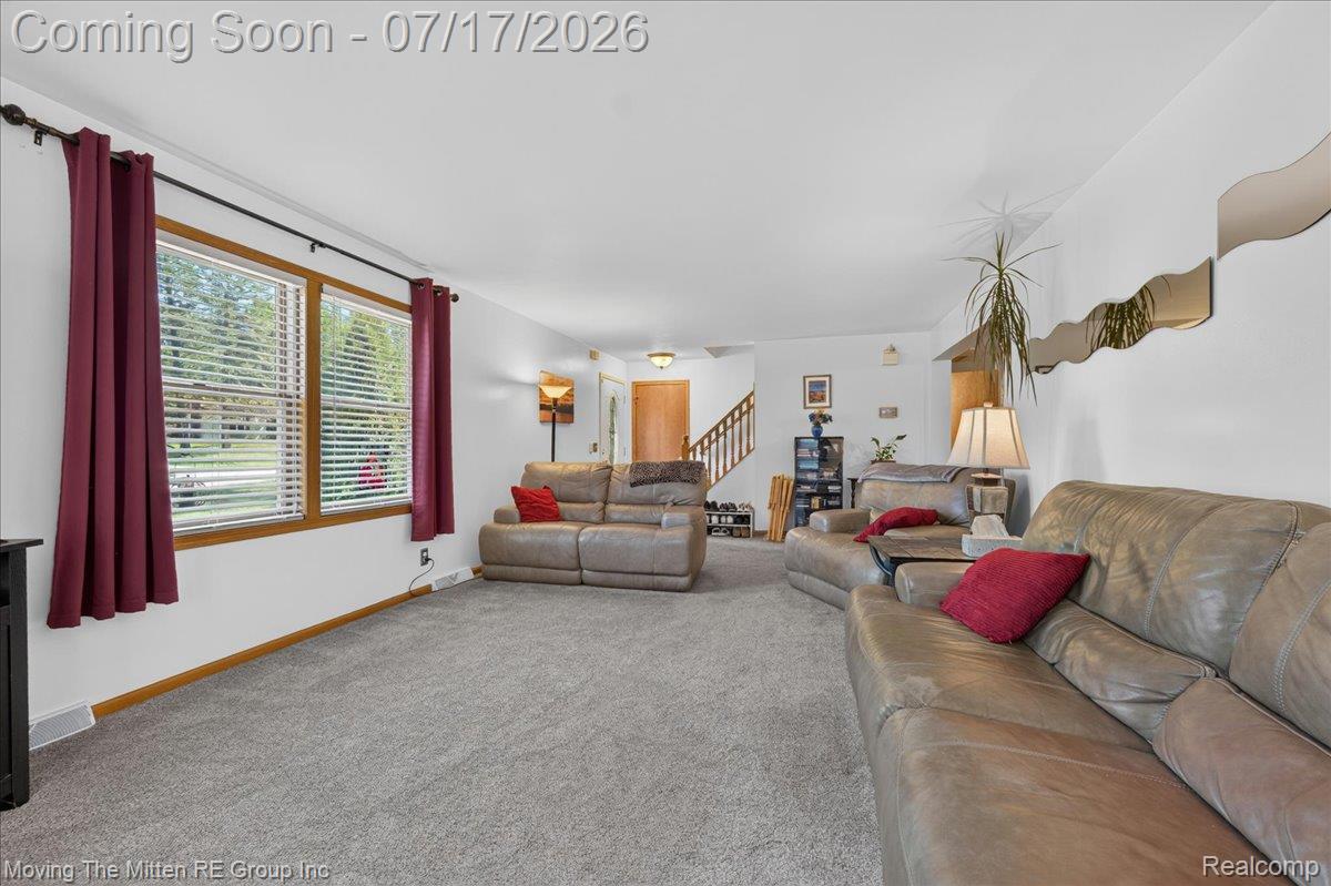 40162 Alden Road Belleville, MI 48111 - Photo 8 of 67 Spacious living area featuring light gray carpeting, multiple windows with blinds, white walls, and wood trim