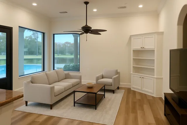 a view of living room with cabinets