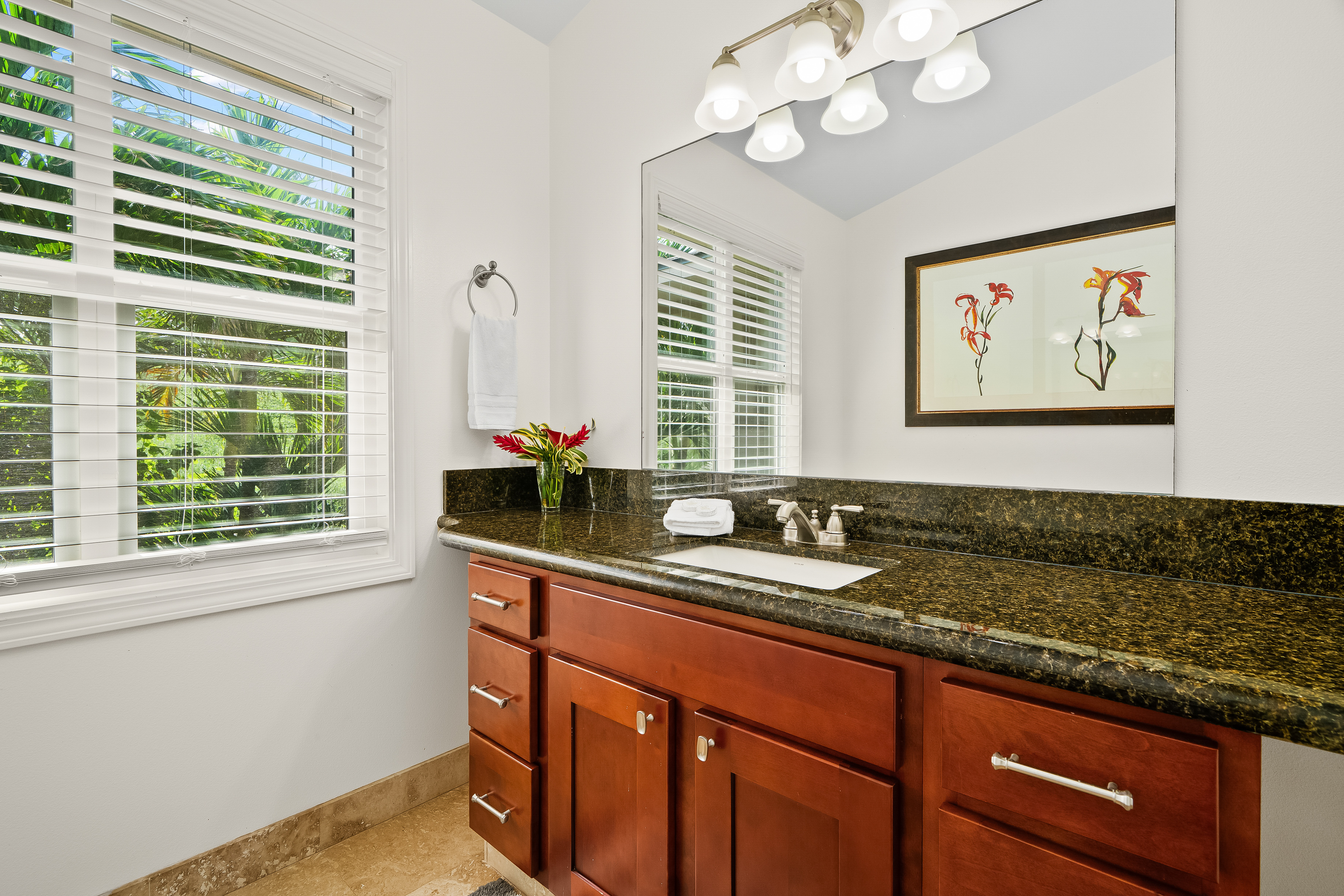 4910 Aliomanu Road Anahola, HI 96703 - Photo 25 of 30 a bathroom with a sink a large mirror and a window