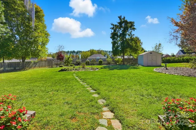 a view of a garden with a slide