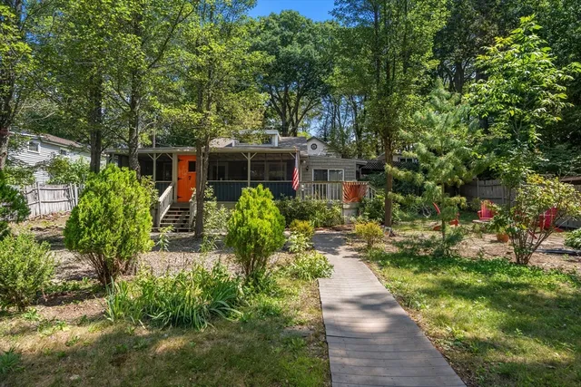 a view of backyard with potted plants and large tree