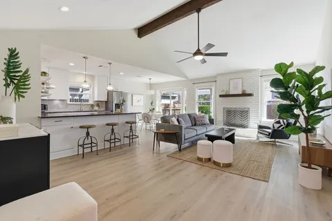 a living room with furniture kitchen view and a potted plant