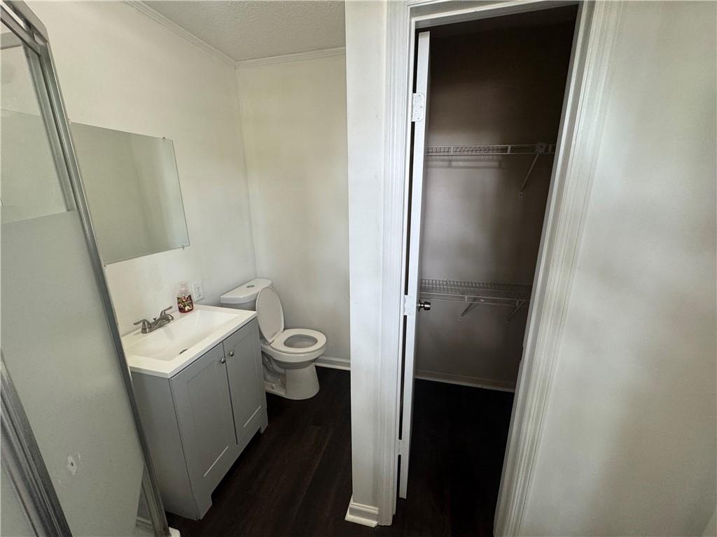 24 Lower Street Valley, AL 36854 - Photo 7 of 18 Full bath with a textured ceiling, vanity, a walk in closet, dark wood-type flooring, and crown molding