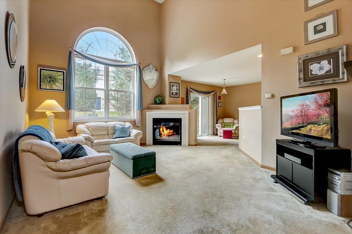 63 Rolling Oaks Road, Unit B Sugar Grove, IL 60554 - Photo 3 of 23 a living room with furniture a fireplace and a flat screen tv