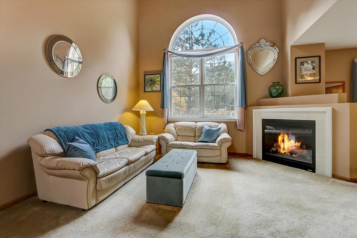 63 Rolling Oaks Road, Unit B Sugar Grove, IL 60554 - Photo 4 of 23 a living room with furniture a fireplace and a large window