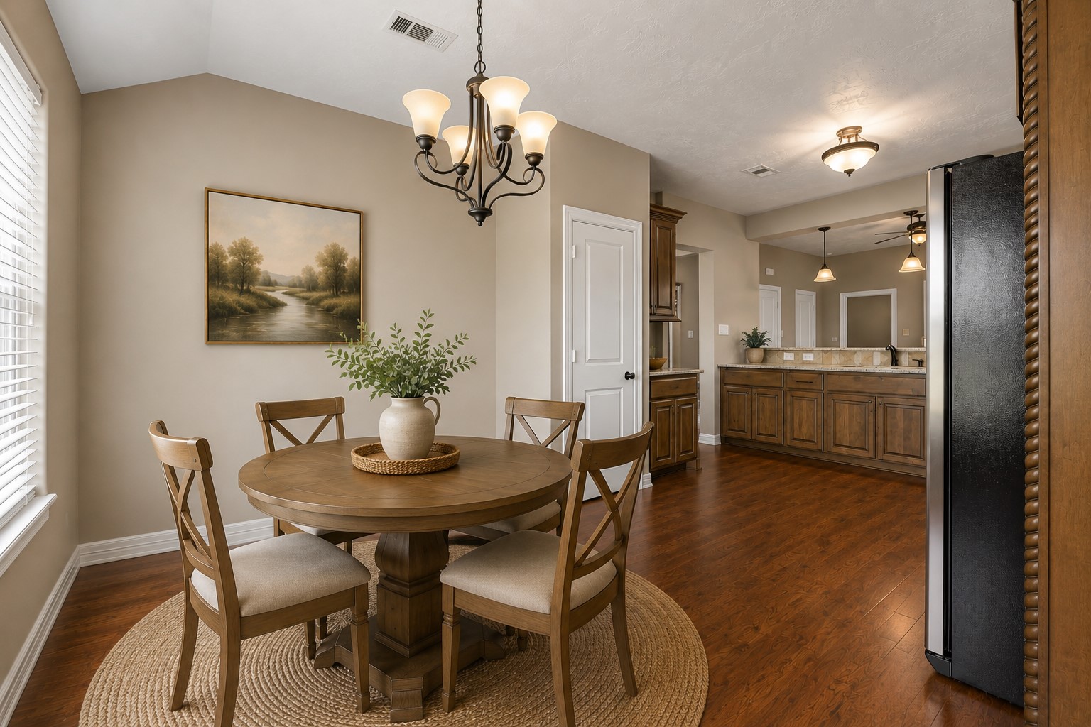 11930 Bastrop Beach Road Angleton, TX 77515 - Photo 17 of 29 Conveniently located between the kitchen and family room, the dining area offers an inviting space for everything from casual breakfasts to holiday gatherings while showcasing custom built-in cabinetry with a granite serving buffet. (Virtually Staged)