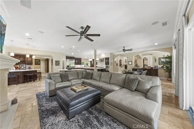 a living room with furniture and a potted plant
