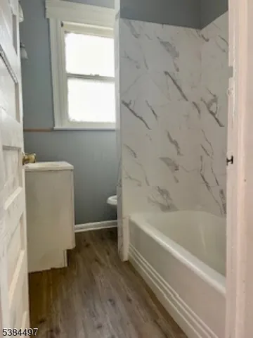 a bathroom with a bathtub and a toilet