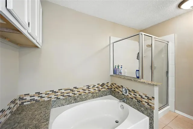 a bathroom with a bathtub and shower