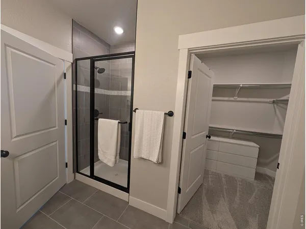 a bathroom with a shower and closet