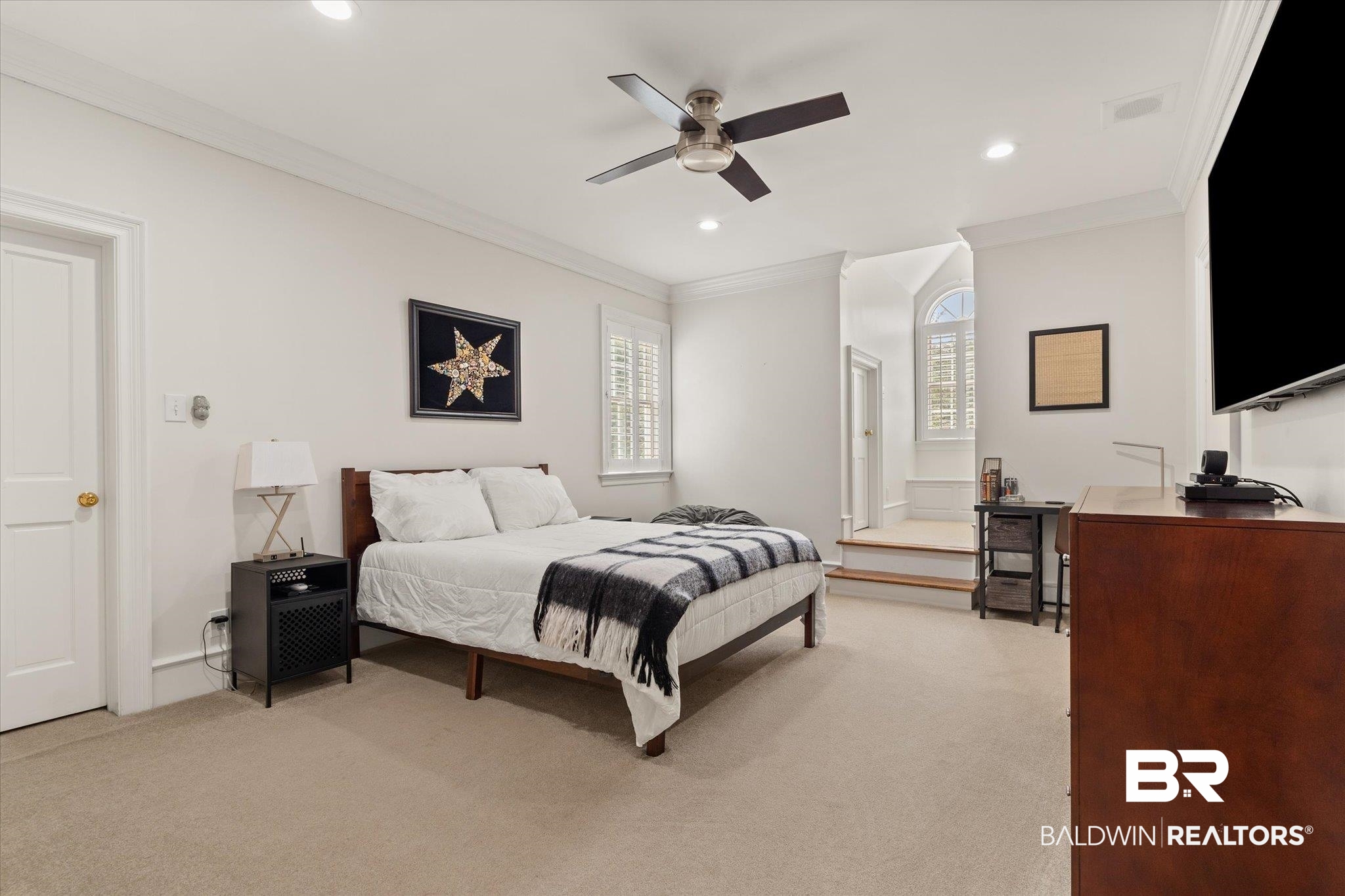8561 Dawes Lake Road Mobile, AL 36619 - Photo 31 of 63 Bedroom with crown molding, light colored carpet, recessed lighting, and a ceiling fan