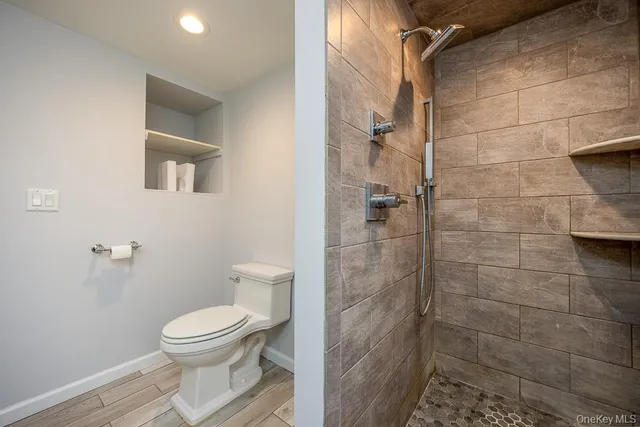 a bathroom with a toilet and a shower