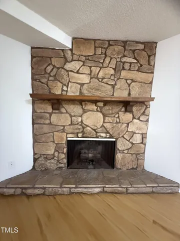 a living room with a stove and a fireplace
