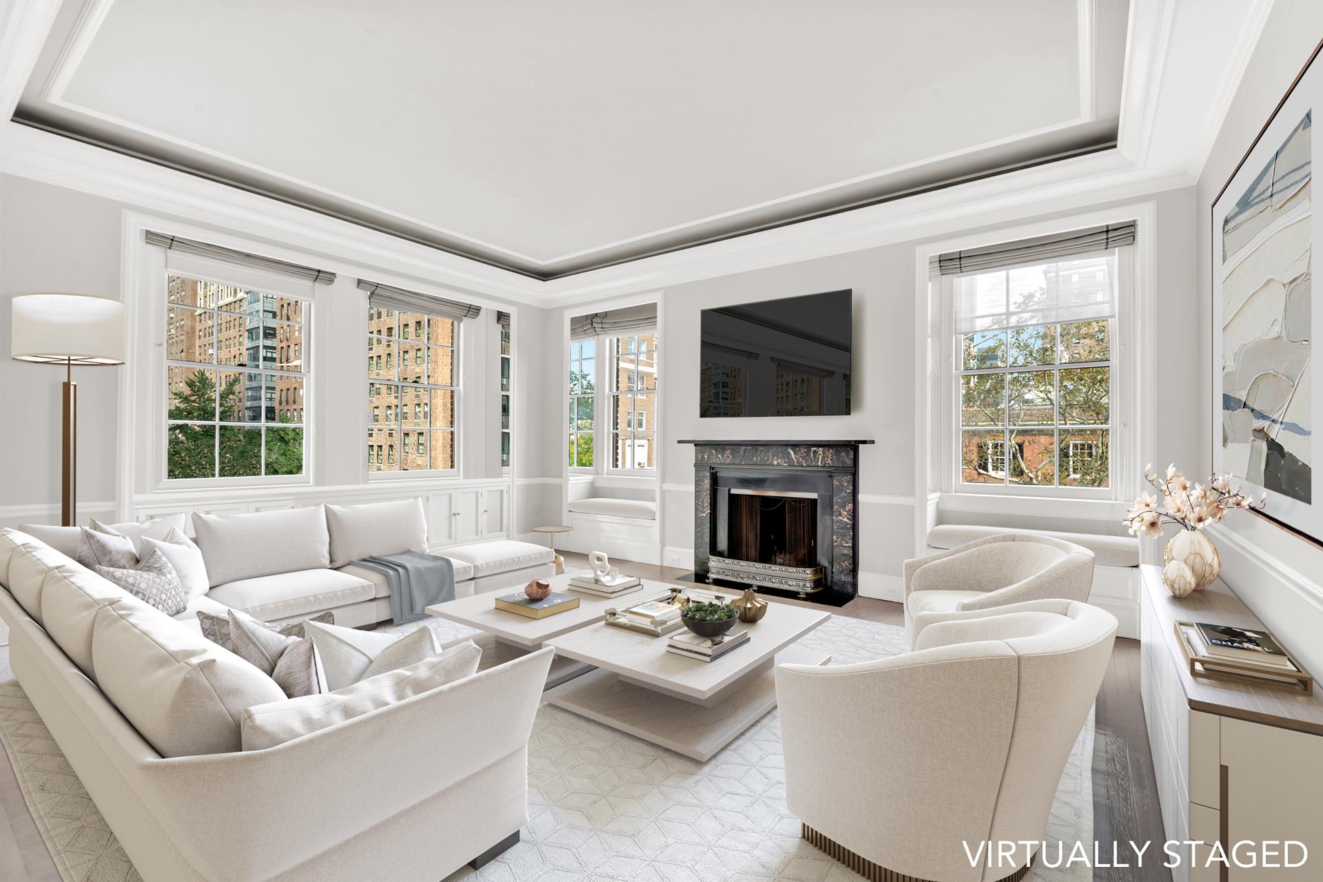 1 Sutton Place South, Unit 4C Manhattan, NY 10022 - Photo 12 of 35 a living room with furniture a fireplace and a flat screen tv