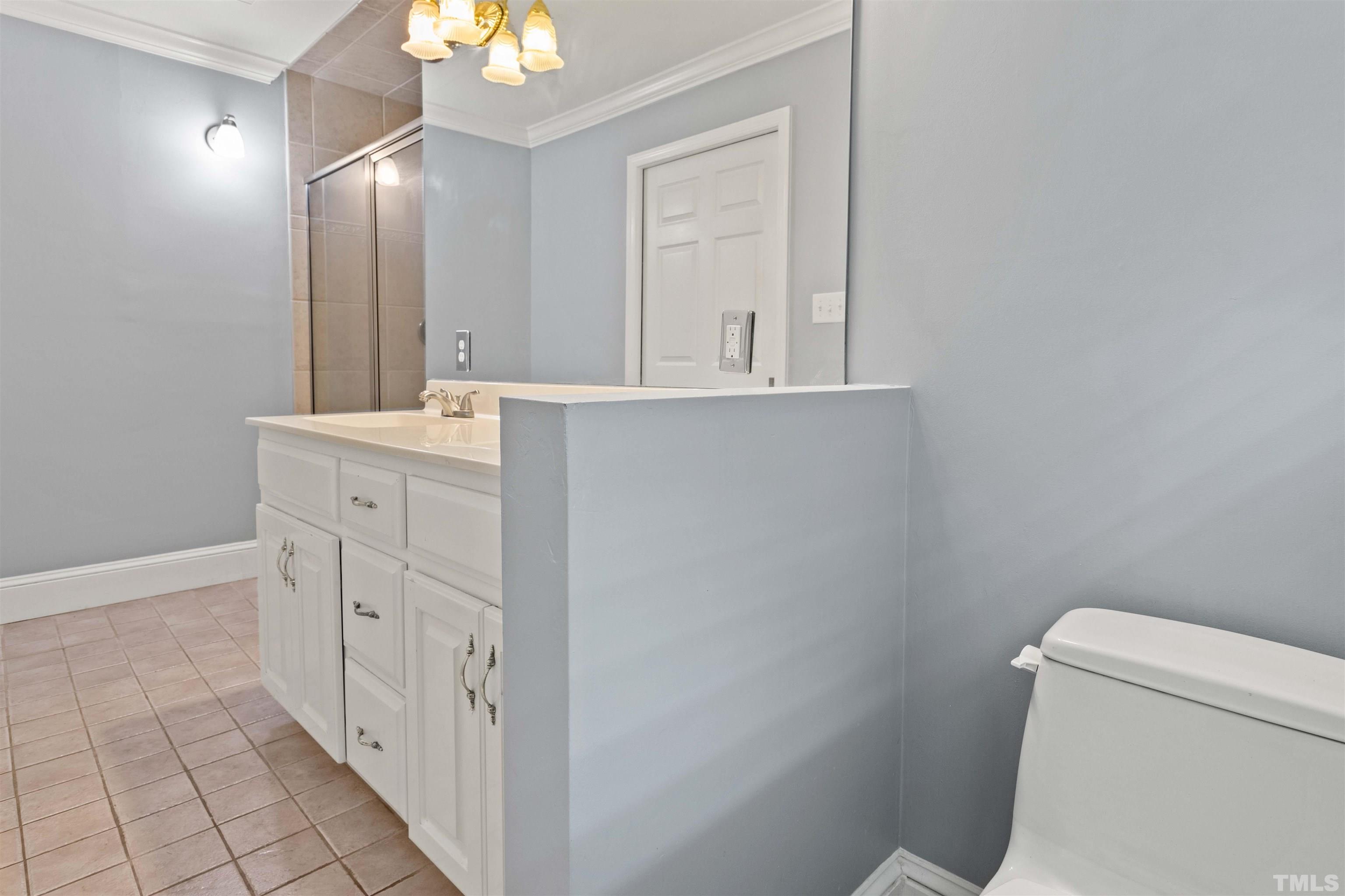 4811 Greenbrier Road Raleigh, NC 27603 - Photo 19 of 41 a bathroom with a granite countertop sink a toilet and a mirror