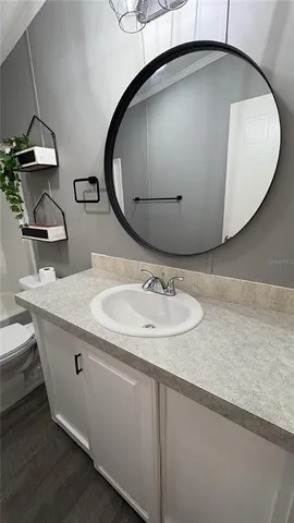 a bathroom with a sink and mirror