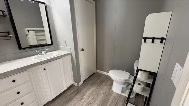 a bathroom with a sink toilet and mirror