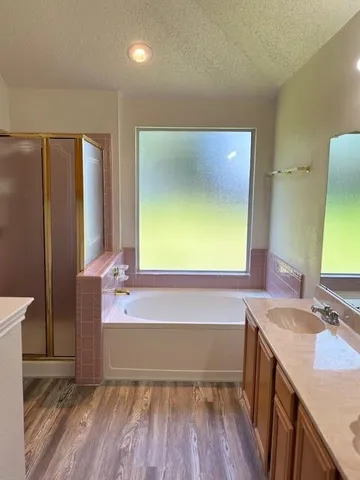 a bathroom with a sink a mirror and a bathtub