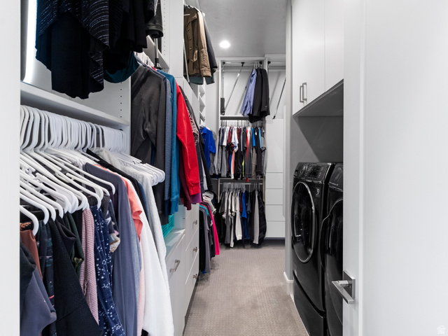 614 East High Lane Alpine, UT 84004 - Photo 45 of 75 Walk in closet with light colored carpet and washing machine and clothes dryer