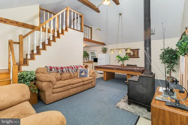 a living room with furniture fireplace and potted plants