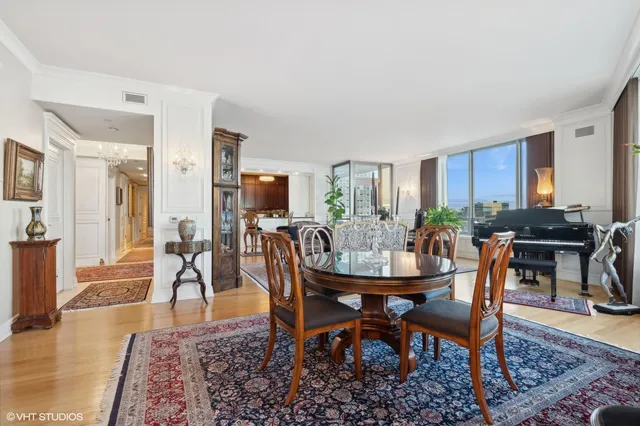 a view of a dining room with furniture