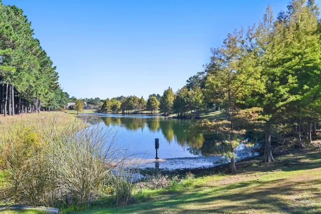 a view of a lake with a house in the background
