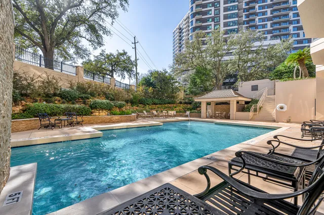 a view of a yard with plants and large trees