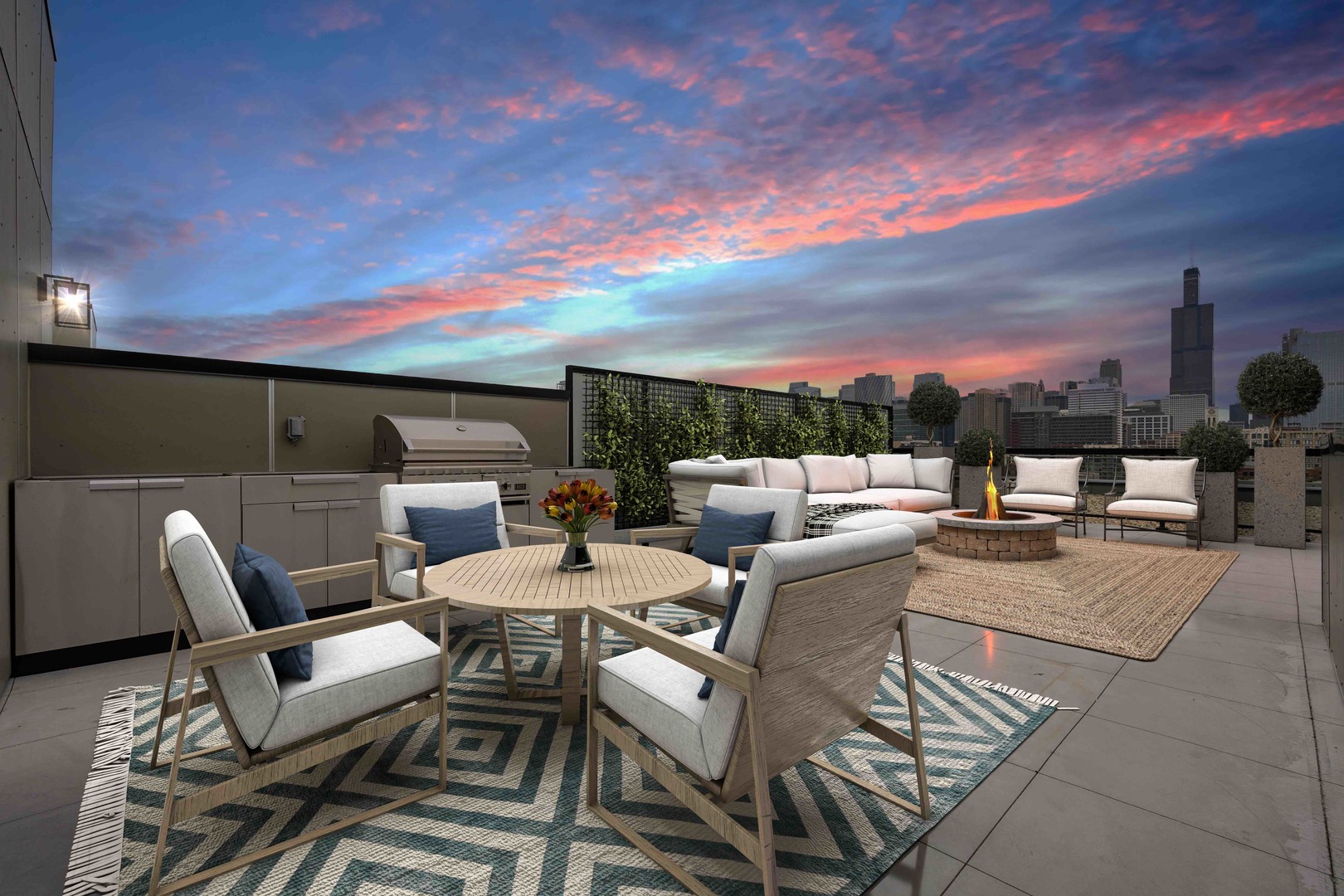 313 South Racine Avenue, Unit PHB Chicago, IL 60607 - Photo 2 of 30 a view of a patio with a dining table and chairs with wooden floor