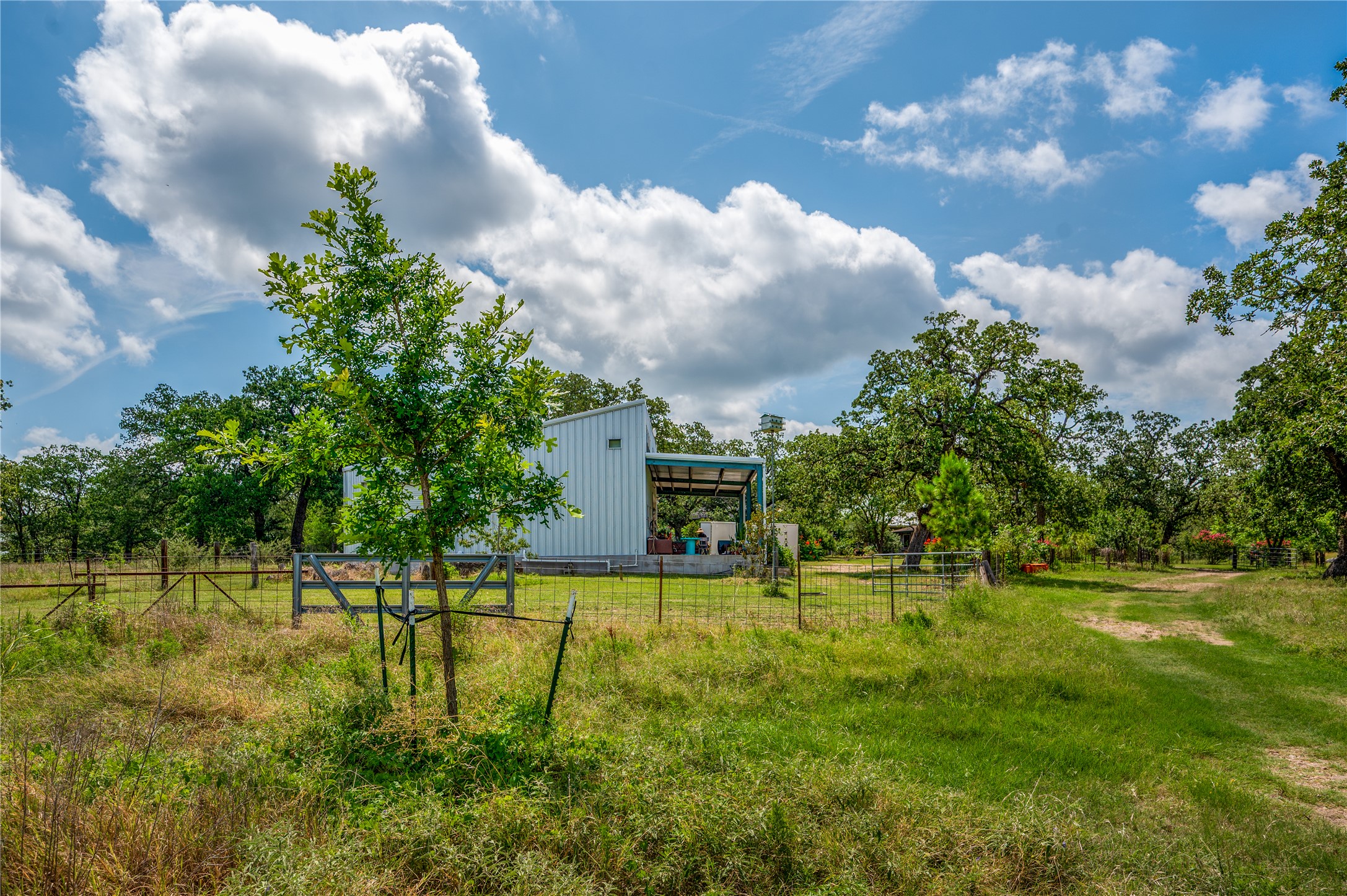 270 Dry Creek Road Manor, TX 78653 - Photo 28 of 40 A modern barn-style home nestled within a verdant, fenced landscape.