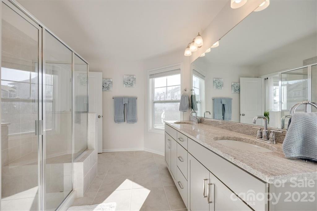 311 Bulrush Rd Lake Lake Wylie, SC 29710 - Photo 21 of 35 a bathroom with a granite countertop sink a mirror and shower