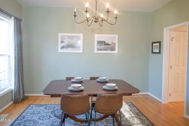 a view of a dining room with furniture window and wooden floor
