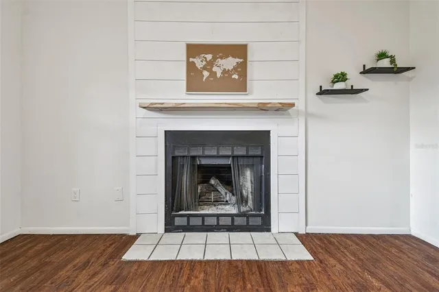 a living room with a fireplace