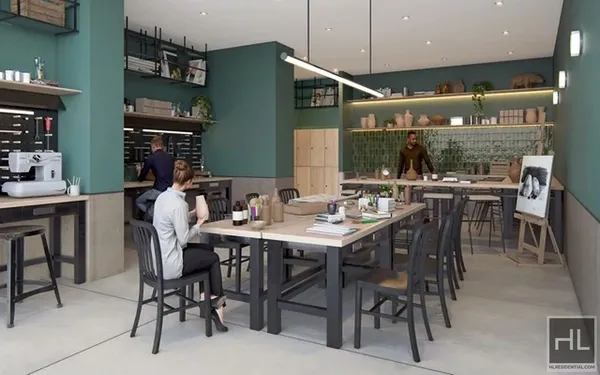 a dining room with a wooden table and chairs