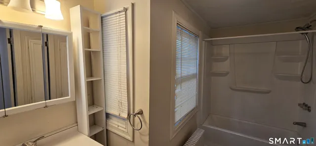 a bathroom with a shower and a sink