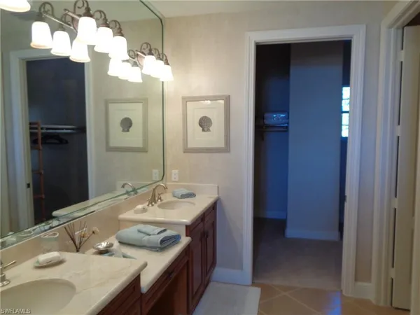 a bathroom with a sink vanity and a mirror